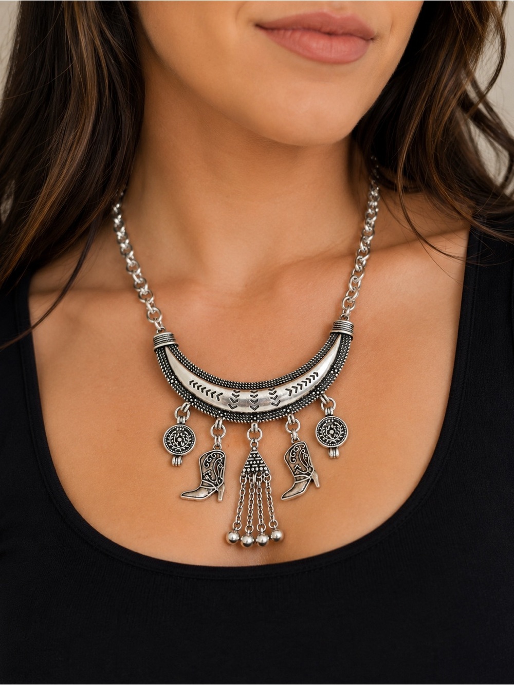 Silver Tone Western Cowboy Boot Charm Statement Necklace Boho Cowgirl